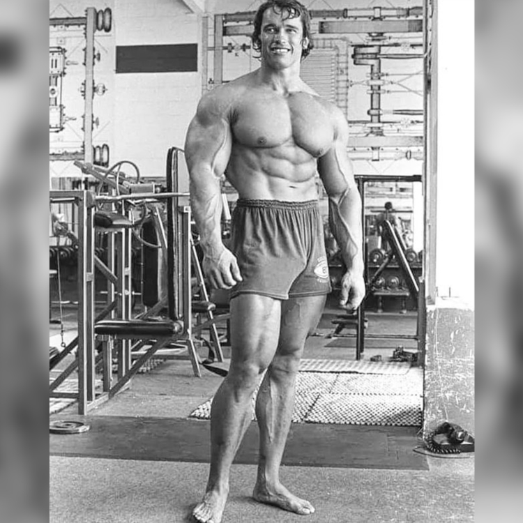 Austrainierter Mann steht oberkörperfrei im Fitnessstudio